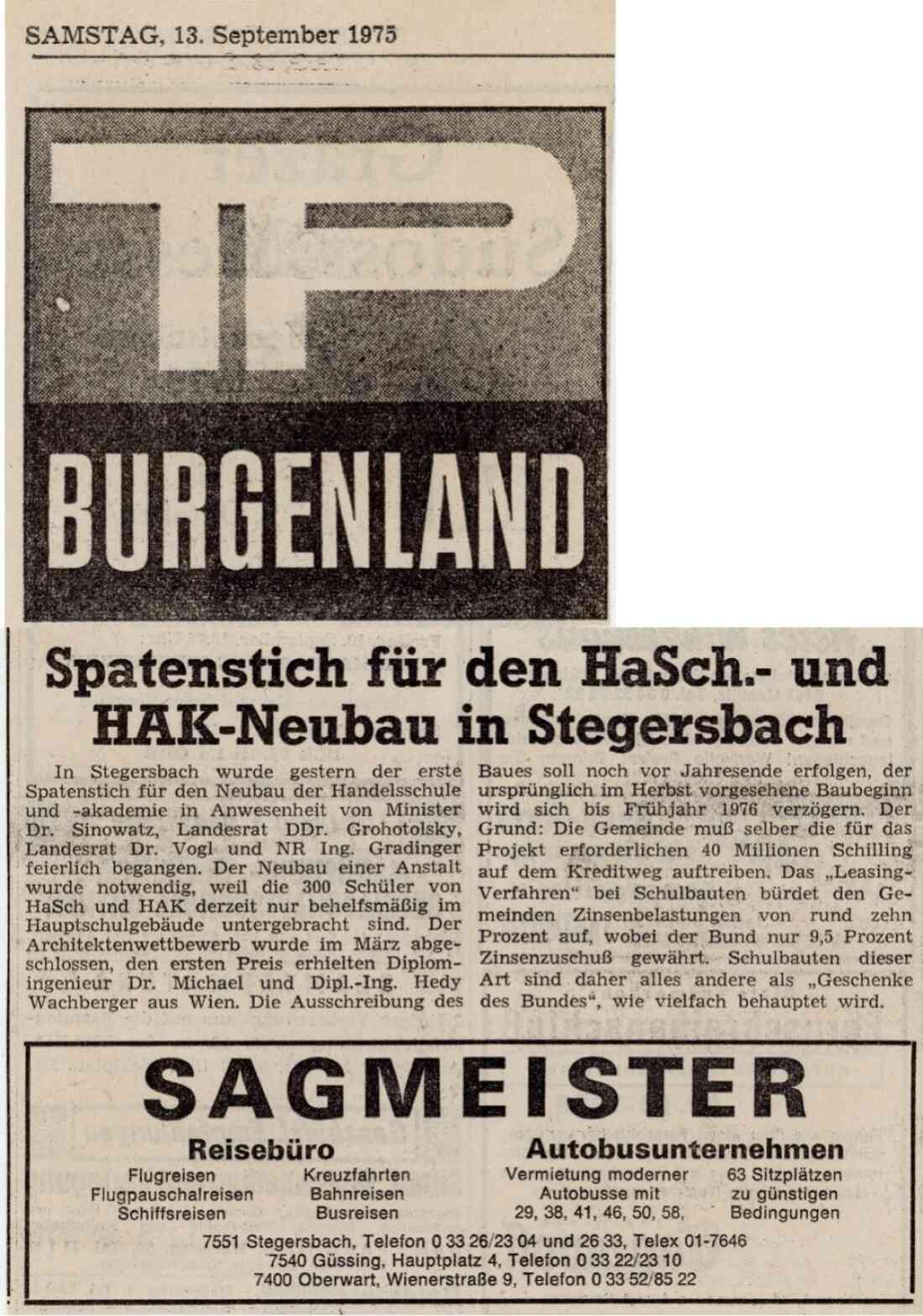 Zeitungsartikel der TP BURGENLAND zum Spatenstich für den Neubau der Handelsakademie und Handelsschule am 13.09.1975