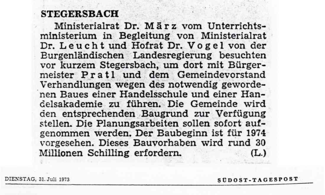 Zeitungsartikel der SÜDOST - TAGESPOST über Verhandlungen zum Neubau der Handelsschule vom 31. Juli 1973