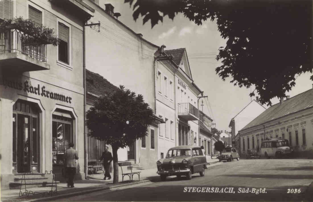 Stegersbach, Süd - Bgld. Hauptplatz, Kaufhaus Karl Krammer, Rathaus, Gasthof Bauer