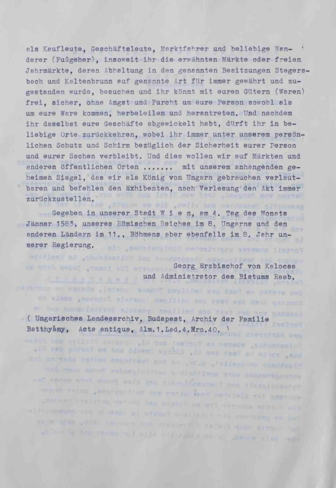 Abschrift der Marktrechts - Verleihungs - Urkunde der Marktgemeinde Stegersbach und Kaltenbrunn vom 04. Jänner 1583, Seite 2 in Deutsch