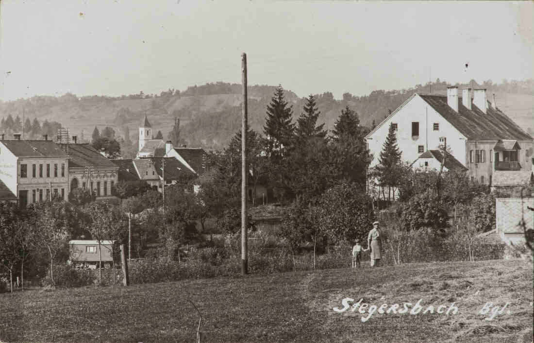 Stegersbach, Bgl. Blick von Meierhof, Hauptstraße, Kastell und ehemaliges Museum, Kirche