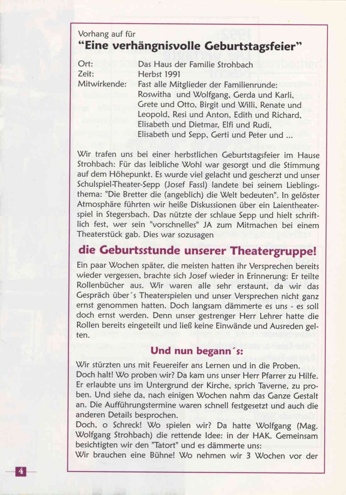 Prospekt 10 Jahre Theatergruppe der  Familienrunde Stegersbach 1992 - 2002 Seite 4