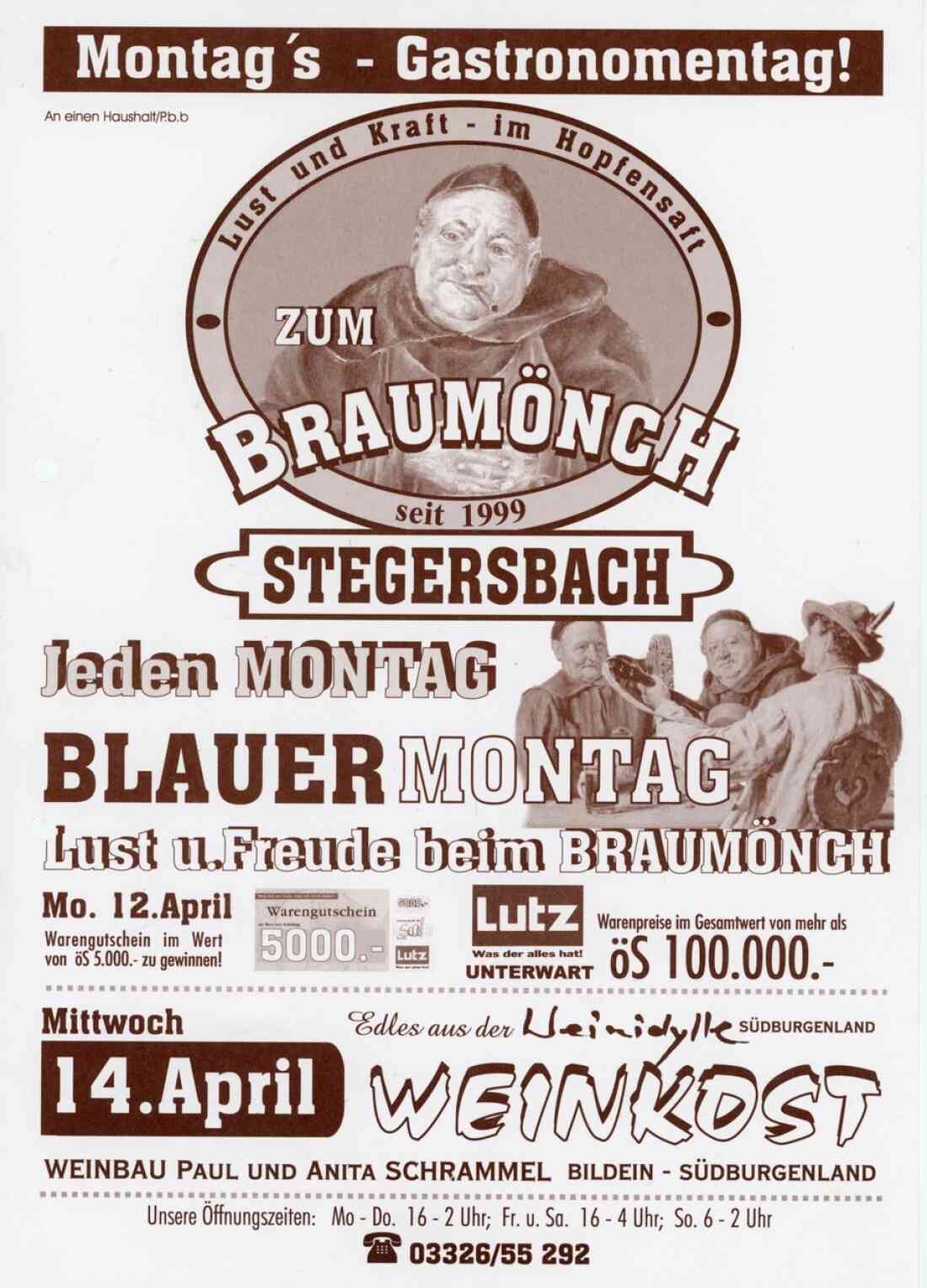 Postwurfsendung und Werbung des Lokal Braumönch in der Grazer Straße 15 im April 1999