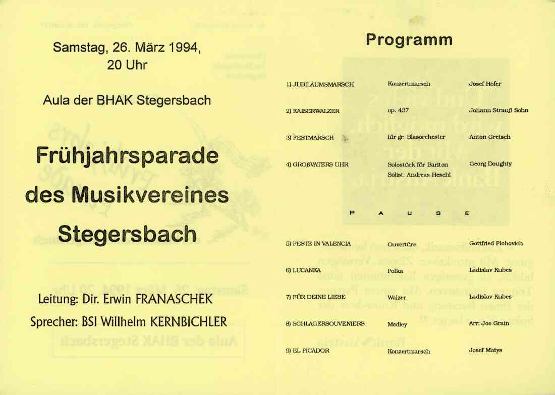 Musikverein Stegersbach, Einladung zu Frühjahrsparade am 26. März 1994