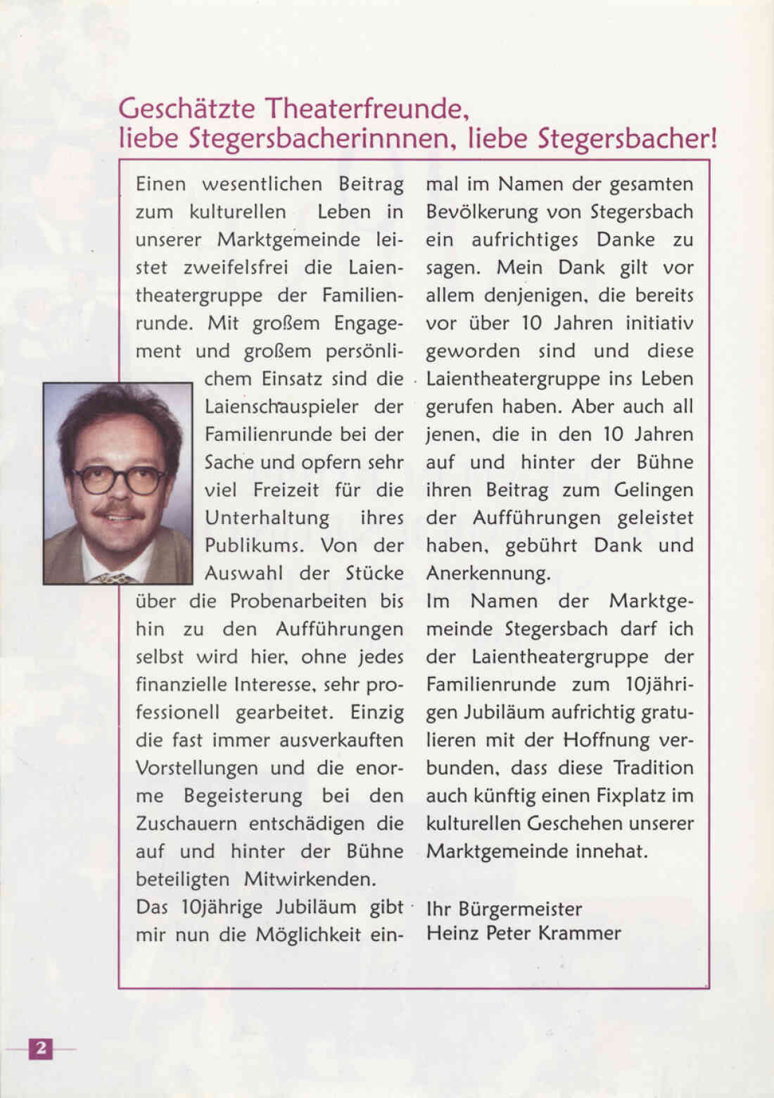 Prospekt 10 Jahre Theatergruppe der  Familienrunde Stegersbach 1992 - 2002 Seite 2