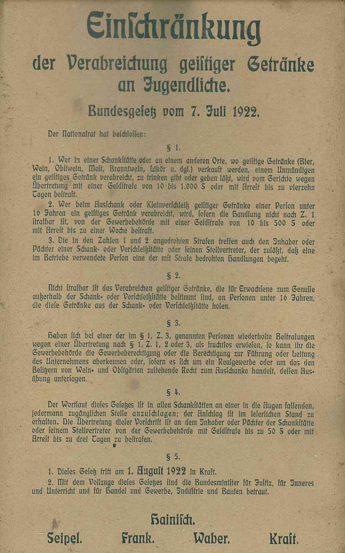 Einschränkung der Verabreichung geistiger Getränke an Jugendliche, Bundesgesetz vom 7. Juli 1922 des Gasthauses Novosel