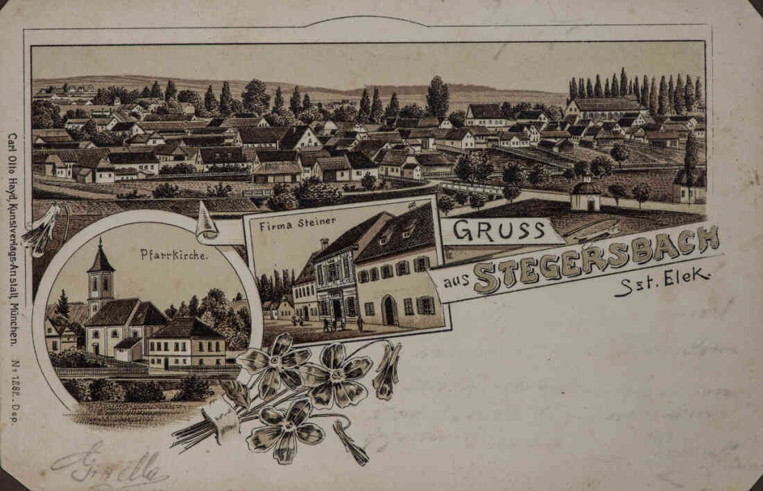 Gruss aus Stegersbach, Szt. Elek, Ortsansicht, Pfarrkirche, Volksschule, Firma Steiner