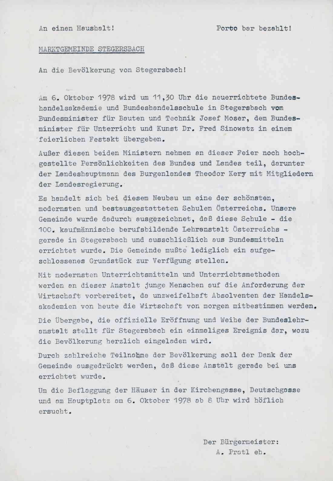 Einladung zur Eröffnung der Handelsschule am 06. Oktober 1978, Postwurfsendung der Marktgemeinde Stegersbach