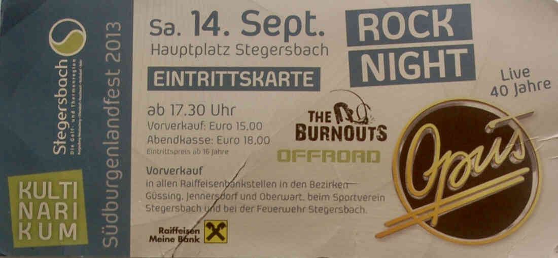 Eintrittskarte Rocknight mit Opus am 14. September 2013
