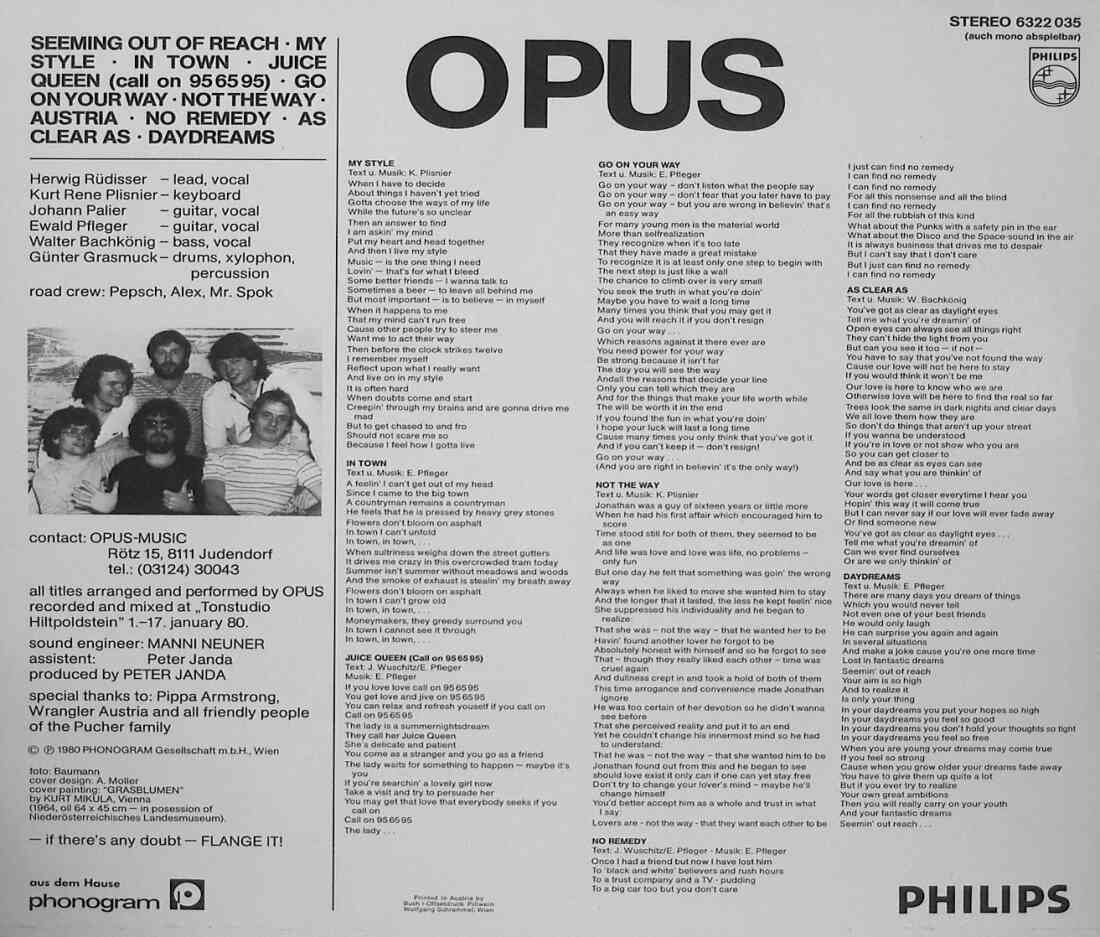 Opus Daydreams Schallplatte, die erste Platte von Opus, Rückseite