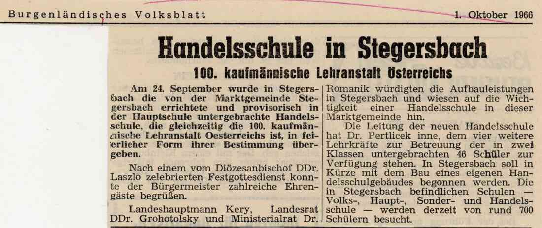 Zeitungsartikel des Burgenländisches Volksblatt vom 01. Oktober 1966 über die Handelsschule Stegersbach